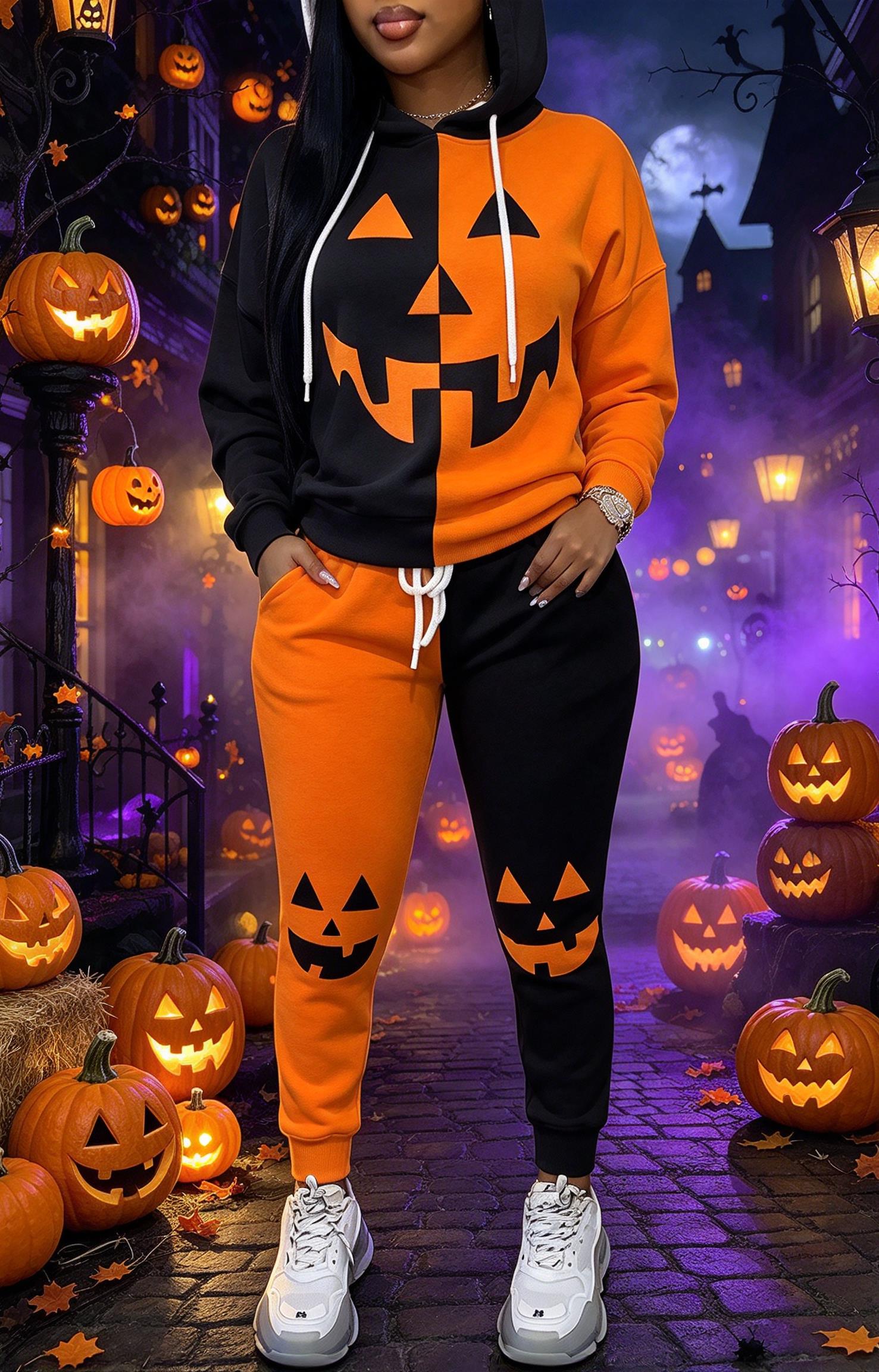 Joggers Pants - Damen-Halloween-Trainingsanzug mit Kapuze und Farbblock-Design, Hoodie